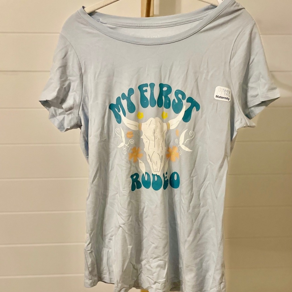 Maternity T Shirt My First Rodeo Bull Skull Graphic‎ Blue Short Sleeve Top L